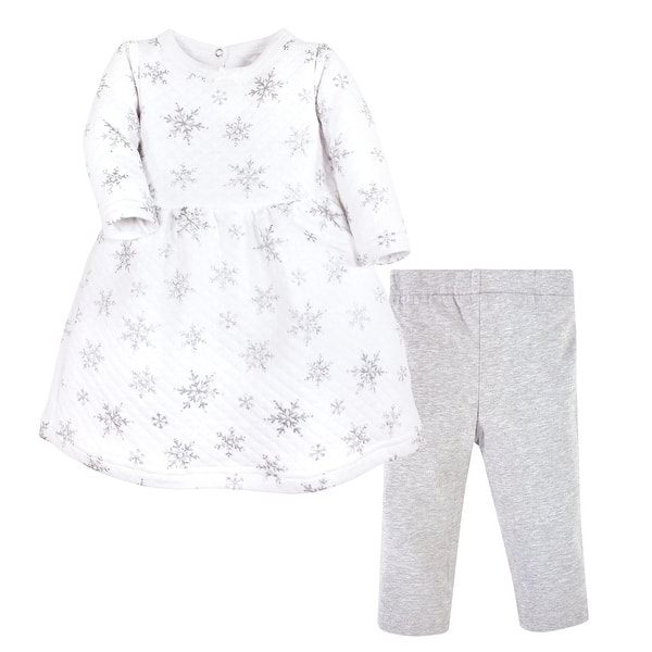 slide 1 of 1, Hudson Baby Infant Girl Quilted Cotton Dress and Leggings, Silver Snowflakes 0-3 Months - Silver Snowflakes