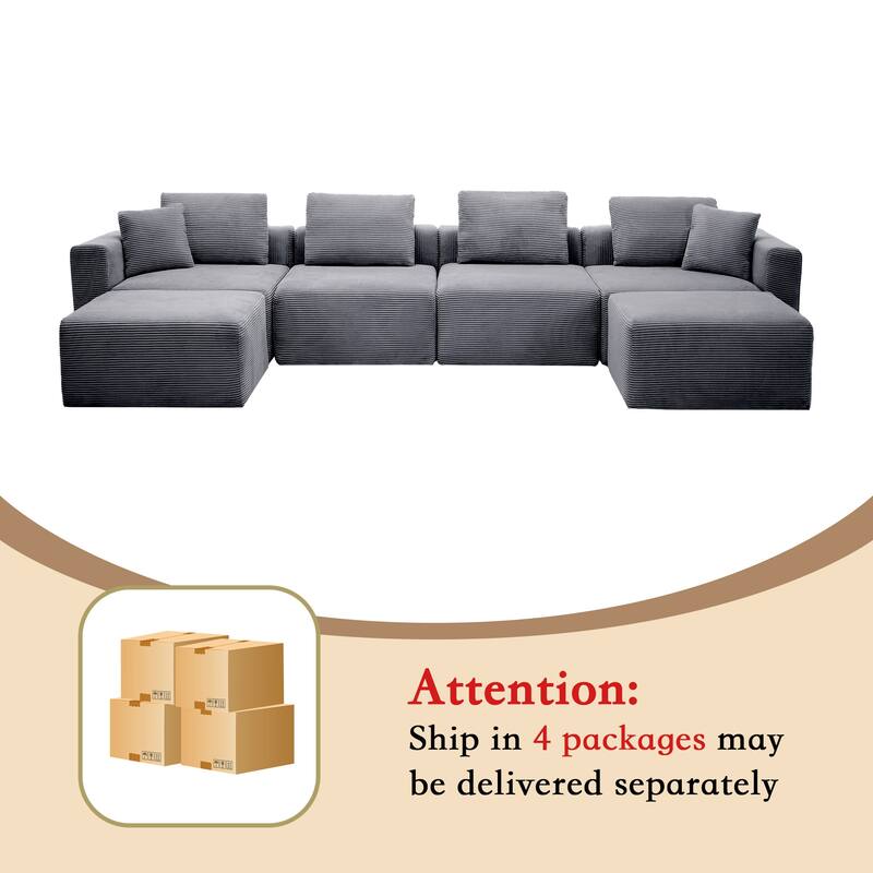 Corduroy Sectional Modular Sofa with Square Arms & Ottoman Extension for Flexible Arrangements