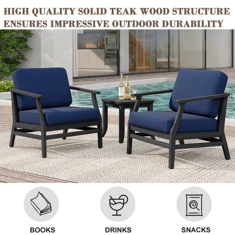 2 Set Patio Teak Wood Outdoor Chair and Side Table Set with Cushions