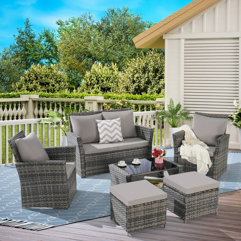 6 Piece Wicker Patio Furniture Sets, Outdoor Sectional Conversation Set with Ottoman and Tempered Glass Coffee Table