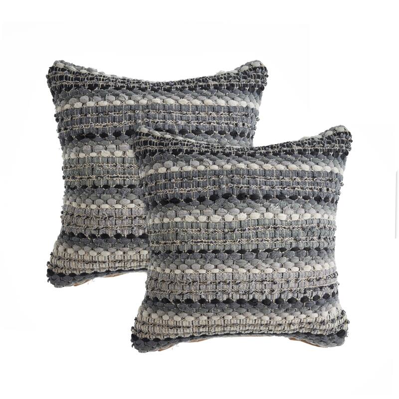 HomeRoots Set of Two 18" Black Gray and Ivory Striped Cotton Blend Throw Pillows with Texture