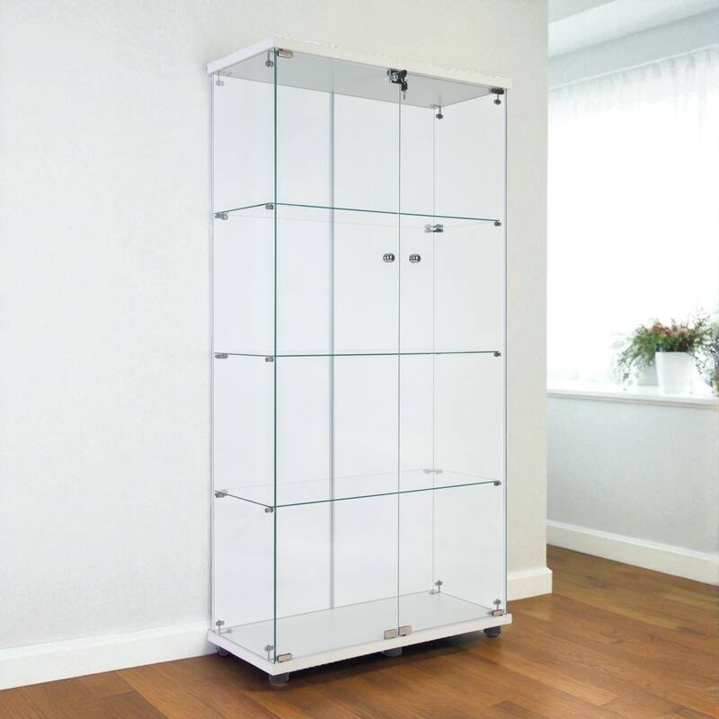 Lighted Two-Door Glass Display Cabinet with 4 Shelves, Tempered Glass and Security Lock