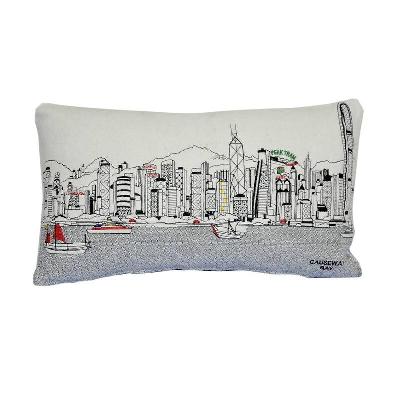 24" White Hong Kong Daylight Skyline Lumbar Decorative Pillow