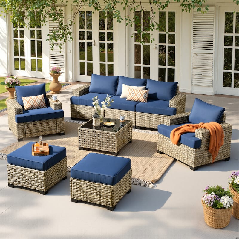 HOOOWOOO 8-piece Outdoor Sofa Patio Wicker Furniture Sectional Set with Coffee Table - Navy Blue