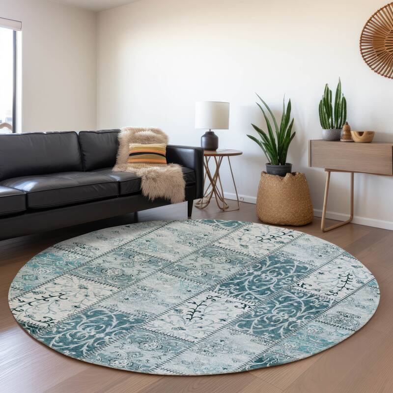 Premium Washable Super Soft Moroccan Boho Patchwork Mayfield Rug - Teal - 8' x 8' - Round