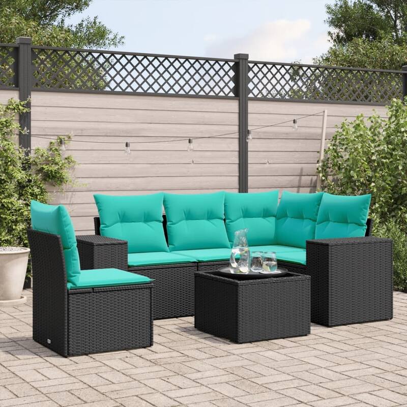 vidaXL Patio Sofa Set with Cushions Outdoor Conversation Furniture Poly Rattan - 24.4 x 24.4 x 27.2 - Black-With table