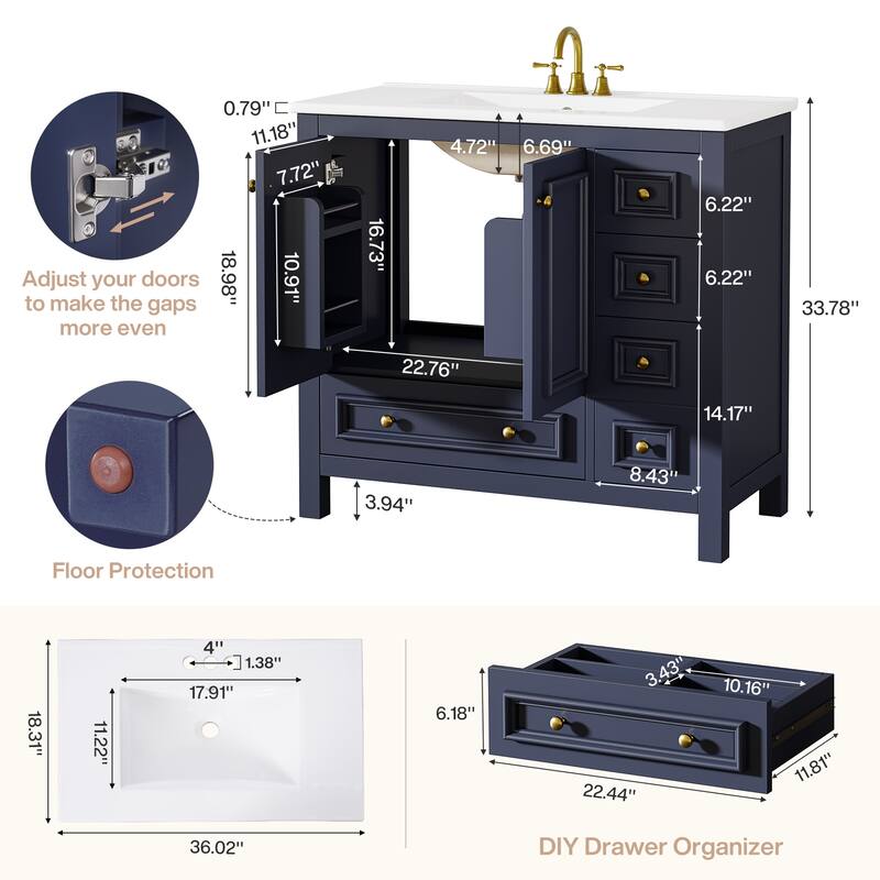 Bathroom Vanity with Sink, Solid Wood Frame Freestanding Vanity with Door Organizer and Drawer