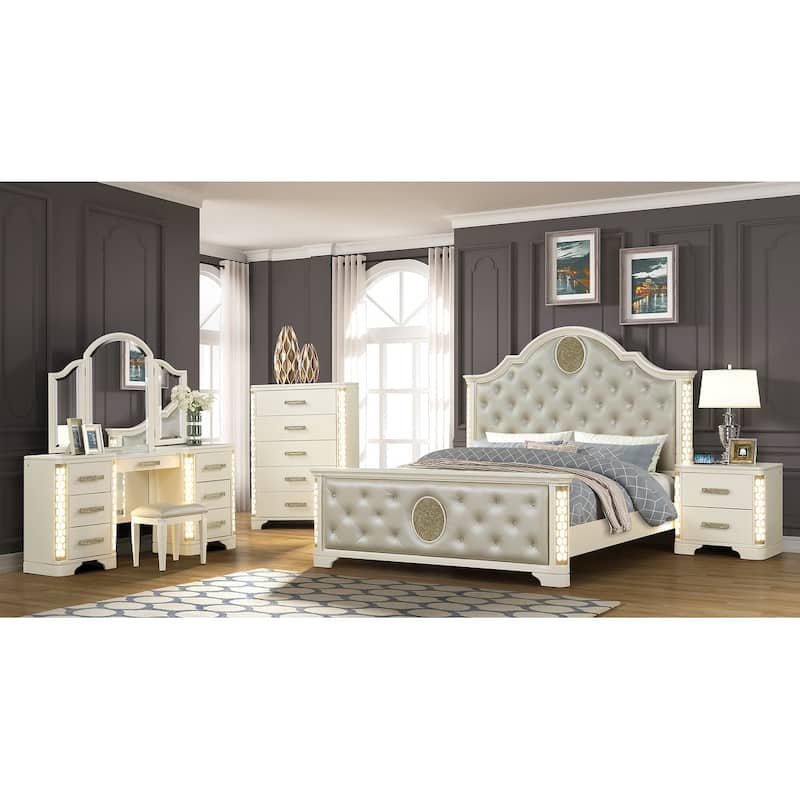 Jasmine Traditional Style 4PC/5PC LED Vanity Bedroom Set Made with Wood - Beige - Queen - 5 Piece