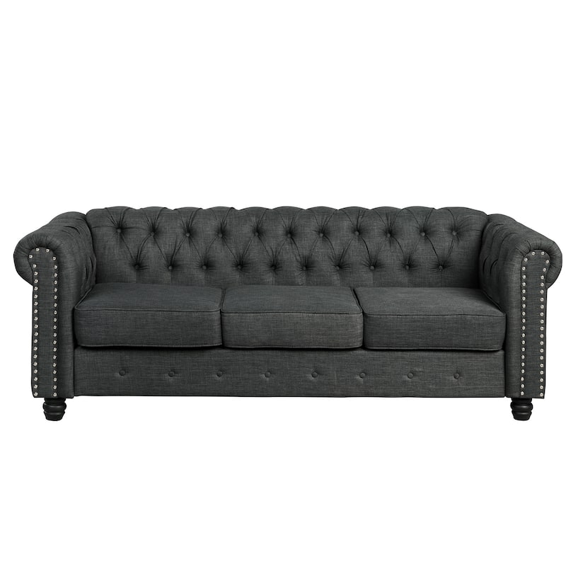 Morden Fort Linen Chesterfield Sofa with Button Tufted, Nailhead and Solid Wood Legs for Living Room