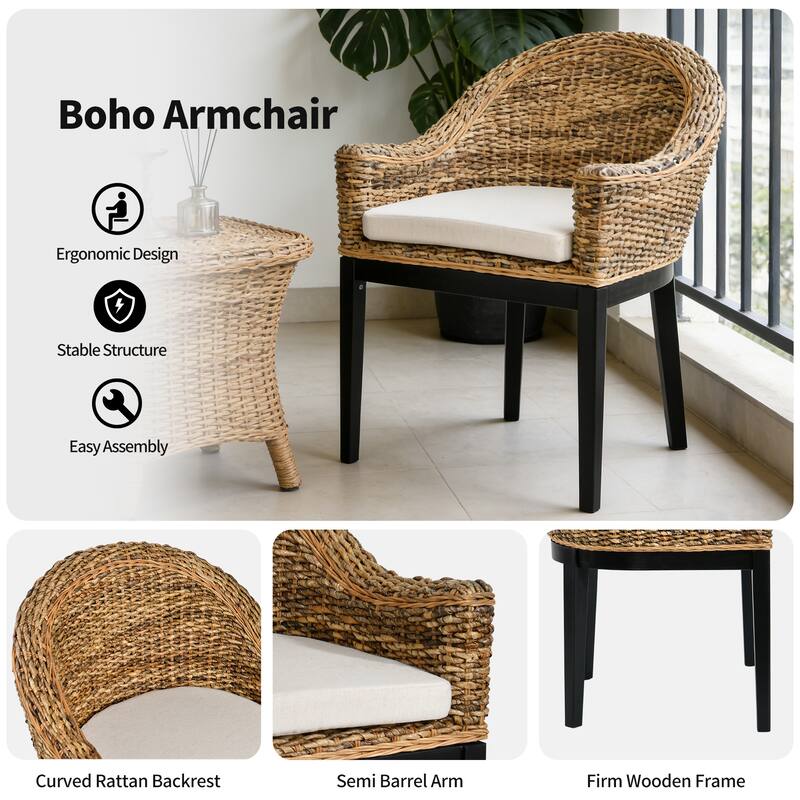 Boho Natural Rattan Backrest With Upholstered Armchair