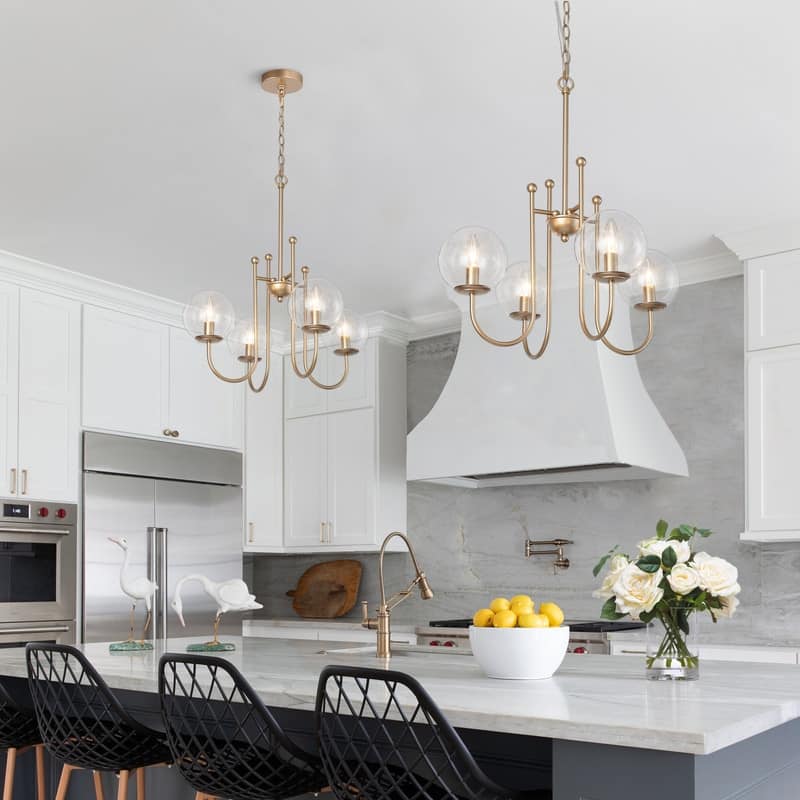 Modern Gold 4-light Chandelier Orb Glass Curve-arm Ceiling Lights for Dining Room - D21.5'' x H84.5''