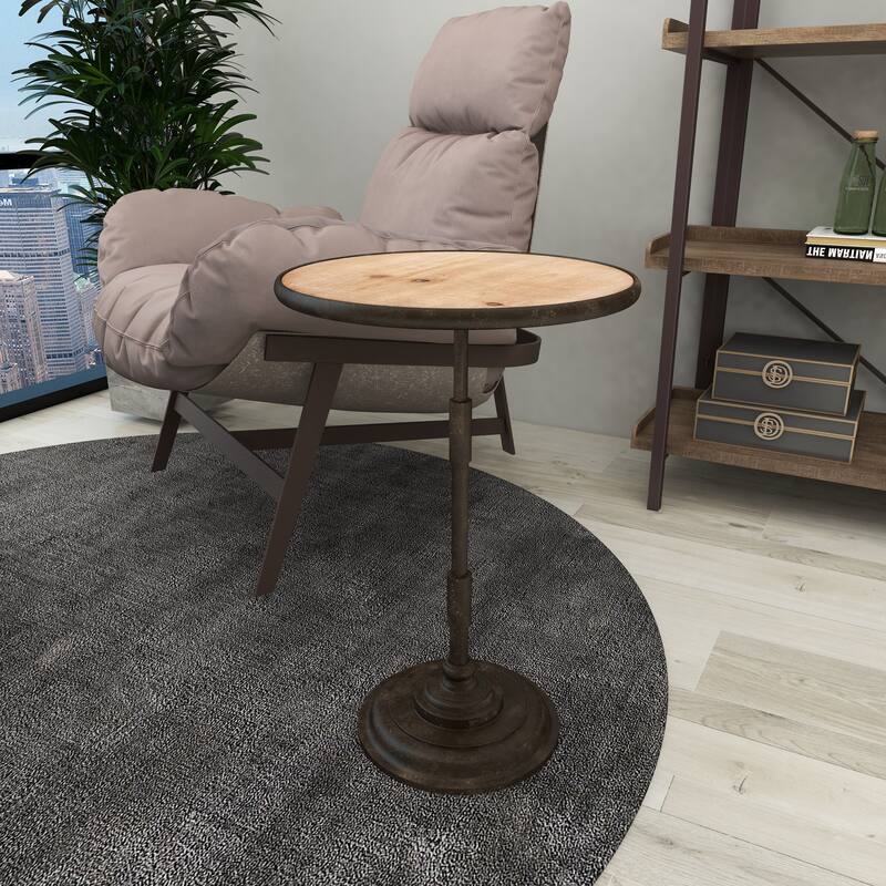 Bronze Metal Side End Accent Table with Brown Wood Top