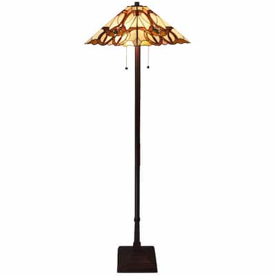 Beige Metal Traditional Floor Lamp with Stained Glass Cone Shades - 17” x 17” x 62” (D x W x H)