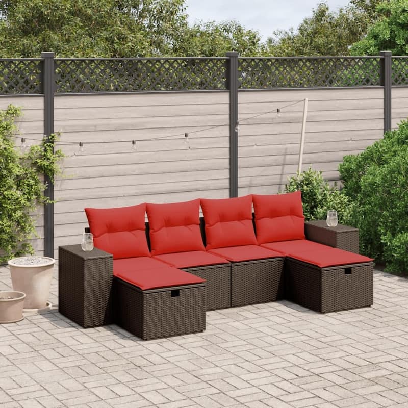 vidaXL Patio Sofa Set with Cushions Outdoor Furniture 6 Piece Poly Rattan - 21.7" x 24.4" x 27.2" - Brown