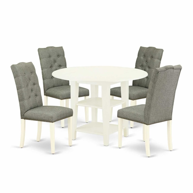 HomeStock 5-Pc Linen White Finish Solid Wood Top - Round Dining Room Set with High Back - Seats 4