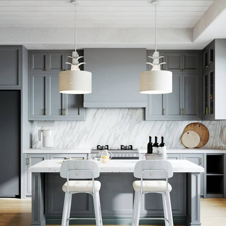 Acroma 4 - Light Whitewashed Drum Chandelier with Palm Leaf Detailing and Fabric Shade