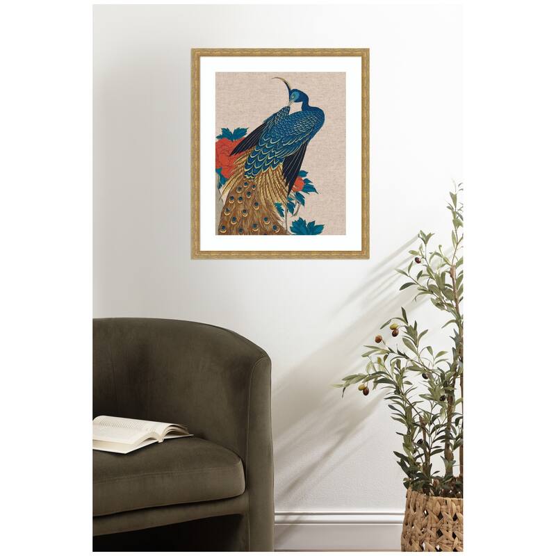 Kate and Laurel Framed Art Peacock and Peonies 1840 Utagawa Hiroshige Neutral Linen by The Art Institute of Chicago