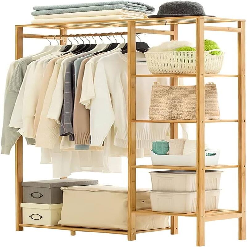 Clothing Rack with 6 Tier Storage Shelf - 11.8"D x 34.3"W x 56.9"H - 11.8"D x 34.3"W x 56.9"H - Natural 