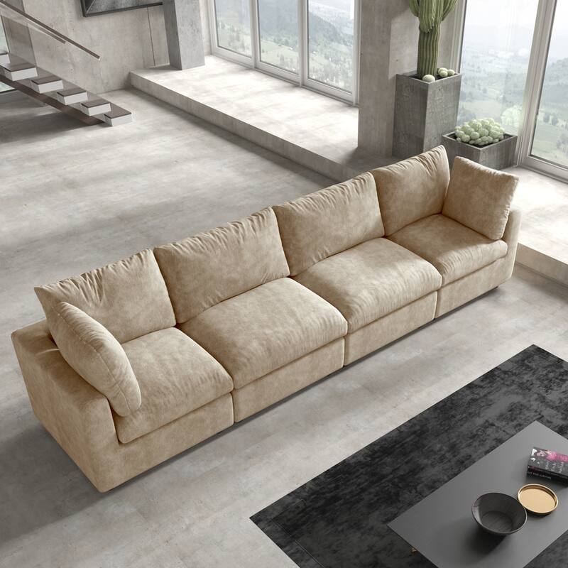 Minimalist Upholstered Cushion Sofa 4-Seater Chenille Modular Sectional Couch for Living Room