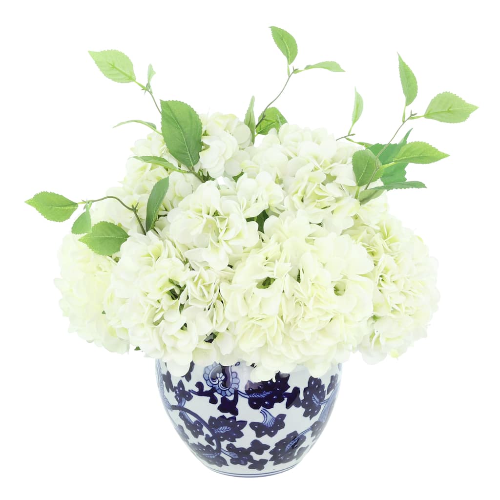 Hydrangea Floral Arrangement in Decorative Ceramic Vase - White, Blue