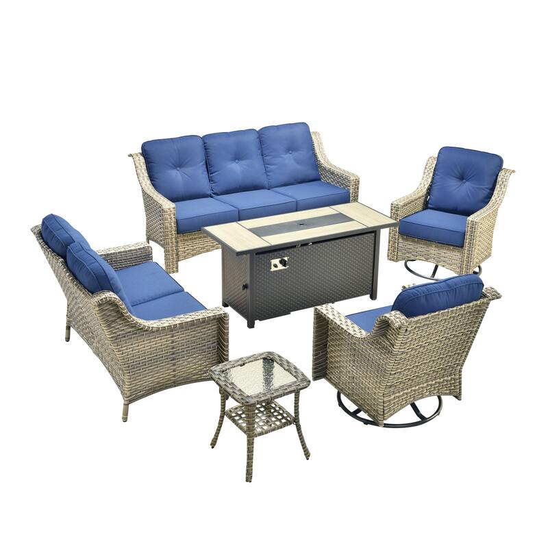 OVIOS 6-piece Patio Wicker Swivel Rocking Chair Set With Fire Pit
