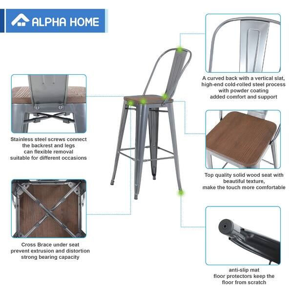 Alpha Home 30 High Back Bar Stools With Wood Seat Vintage Metal Dining Chairs Stackable Industrial Counter Stool Overstock 30573891