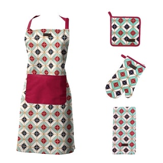 4 Piece Geometric Kitchen Set Multicolored Apron Oven Mitt Towel and ...