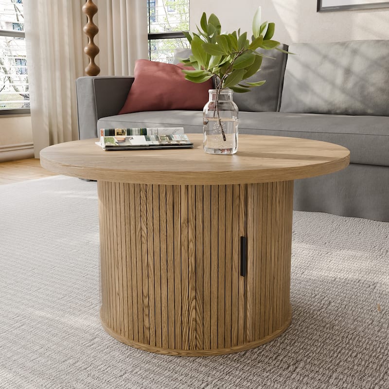 Tambour Design Round Coffee Table with Storage Shelf - 19.7'' H X 35.4'' L X 35.4'' W - Brown