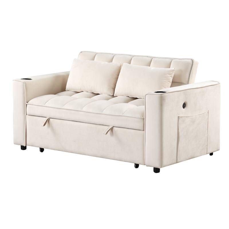 Loveseat Convertible Pull-out Sleeper Sofa Bed Adjustable Backrest Tufted Couch Futon Sofa w2 Pillows, USB Ports Pockets