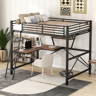 Industrial Modern Design Full Size Metal Loft Bed with Sloping Ladder,Built-in Desk and Shelf Under-Bed,Sturdy Metal Frame
