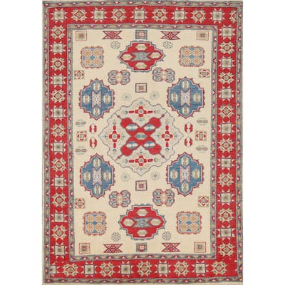 Ivory Kazak Accent Rug Handmade Wool Carpet - 3'8" x 5'7"