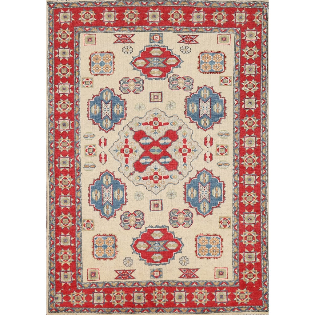 Ivory Kazak Accent Rug Handmade Wool Carpet - 3'8" x 5'7"
