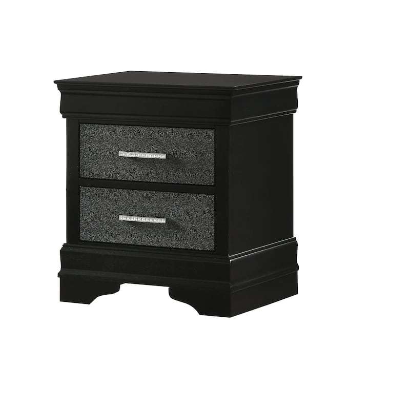 Two Drawers Nightstand Black Finish Solid Wood Crystal-Like Button Tufted - Black - 2-drawer