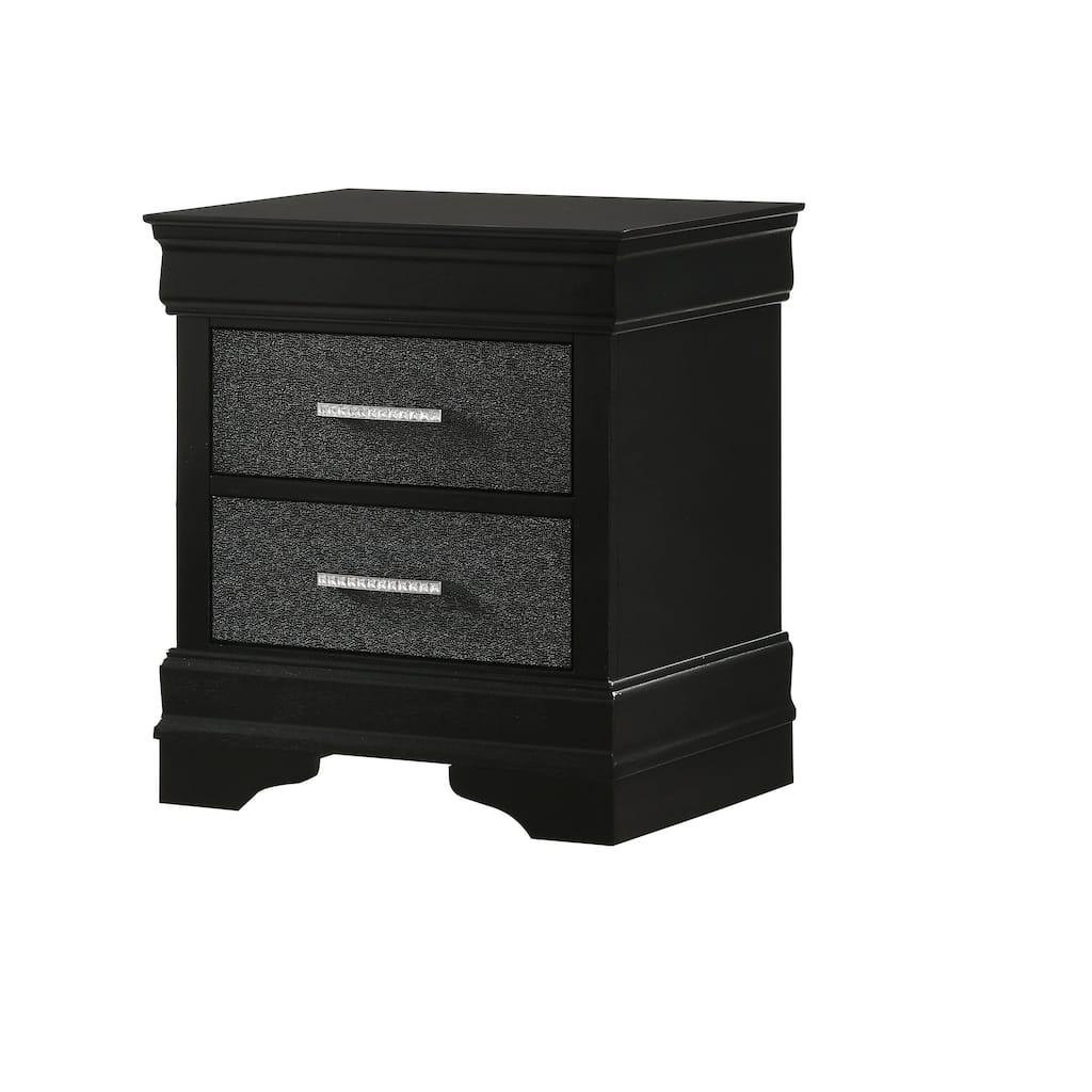 Two Drawers Nightstand Black Finish Solid Wood Crystal-Like Button Tufted