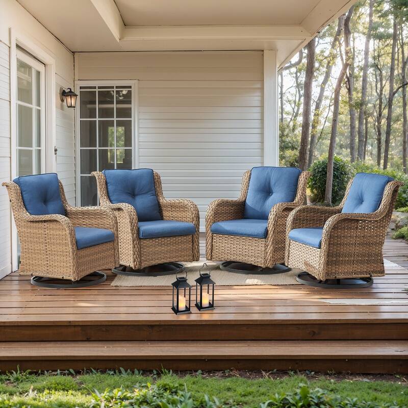 Pocassy 4Pieces Swivel Glider Chairs with 5Inch 6Inch Cushion - Yellow Wicker Blue Cushion - 4PCS Swivel Chair with 4 Inch Cushion