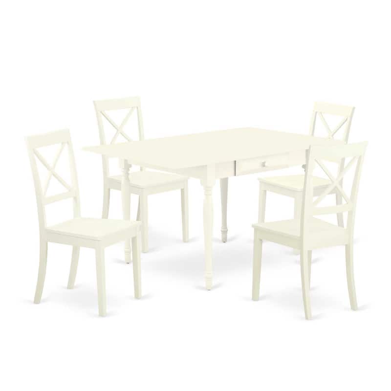 Kitchen Table Set 5 Piece - Dining Table with 4 Chairs - Linen White Finish - Drop Leaf Table