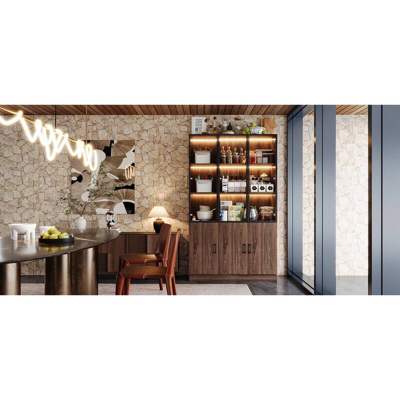 Bookshelves Bookcase Modular Glass Display Cabinet with LED Lights, Dark Wood Storage Combination Cabinet System