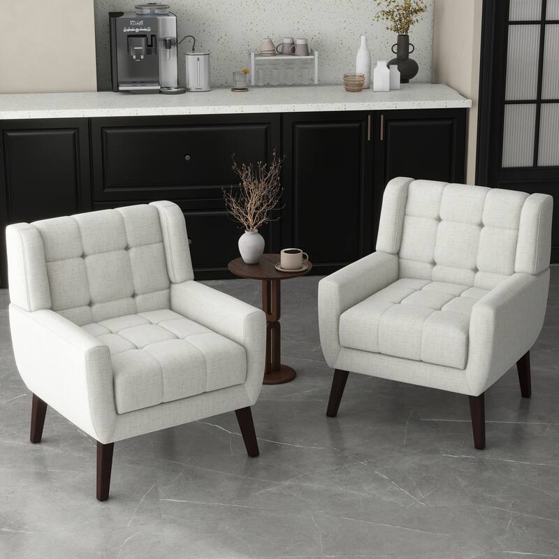 Set of 2 Tufted Upholstered Accent Armchair - Beige-Linenn
