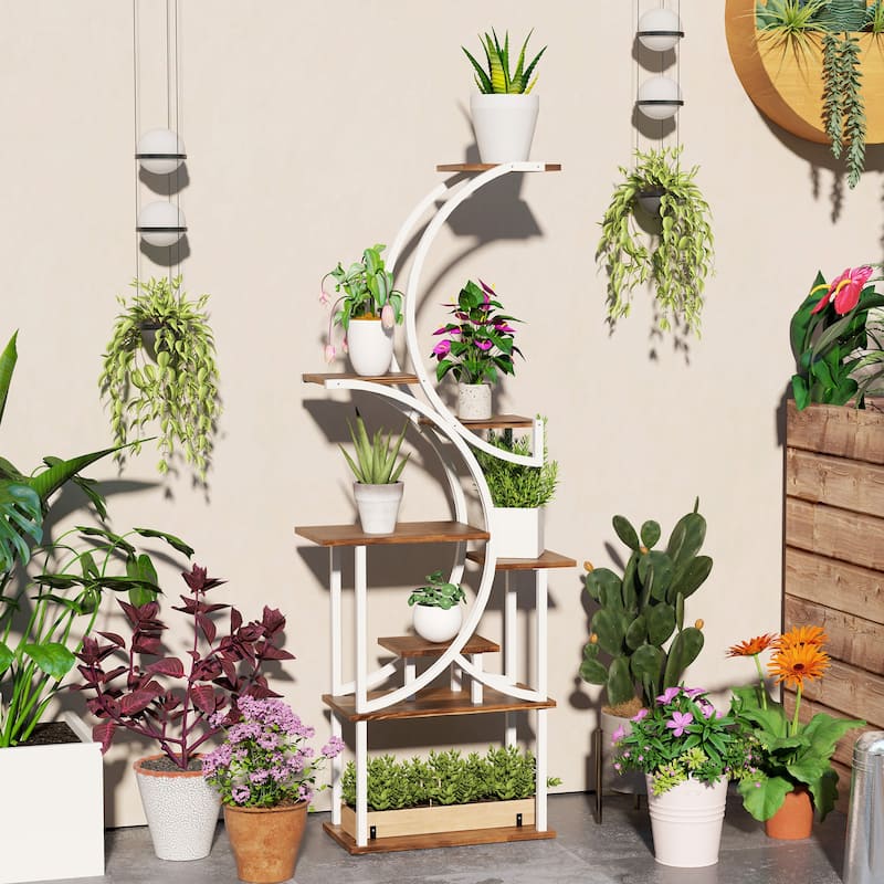 Eight-Tier Corner Plant Stand with S-Shaped Steel Frame and Fir Wood Shelves for Home Decor - 24.4" W x 10.2" D x 61.8" H