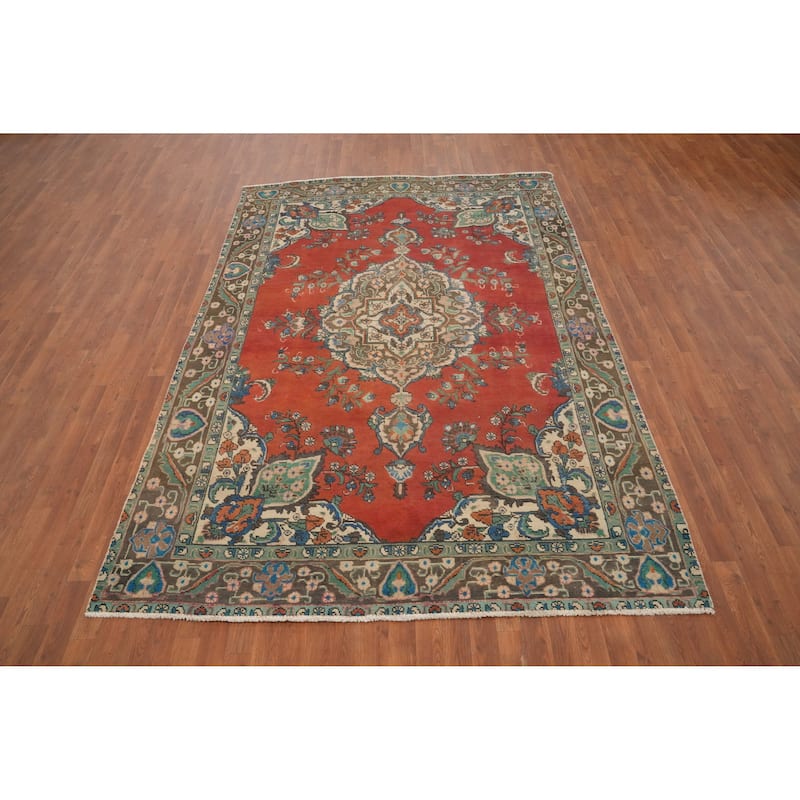 Hand Knotted Oriental 100% Wool Carpet Traditional Medallion Oranges & Rust Tabriz Area Rug - 9' 9'' X 6' 7''