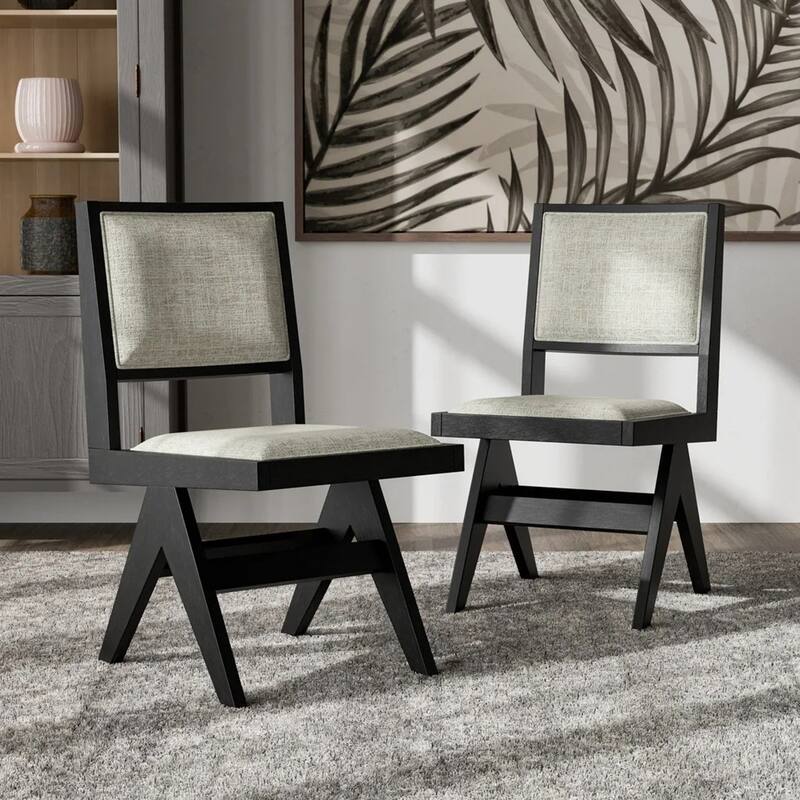 Set of 2 Upholstered Dining Side Chairs with Inverted V-Leg in Black and Light Gray