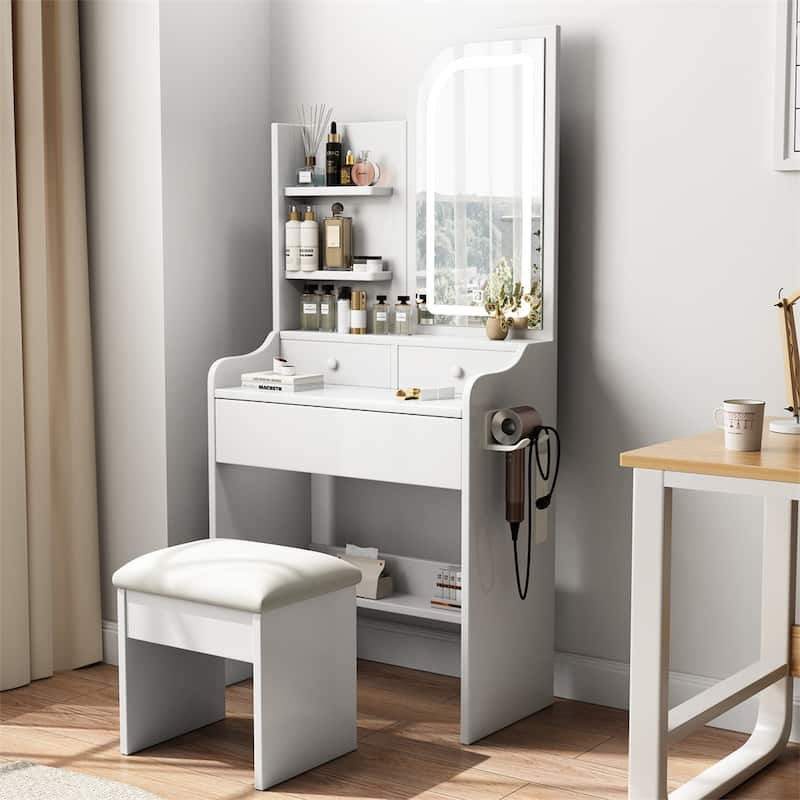 Fashion Vanity Desk w/ Mirror and Lights, Hair Dryer Holder and Chair