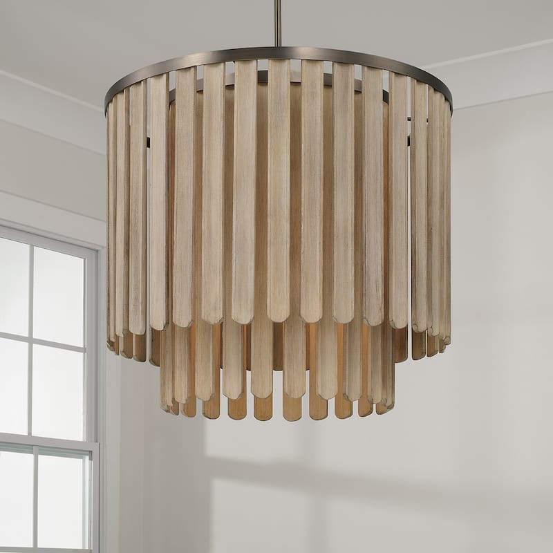 24" W x 21" H 5-Light Pendant in Dark Brass with Handcrafted Mango Wood in Nordic Grey Stain - 24"W x 21"H