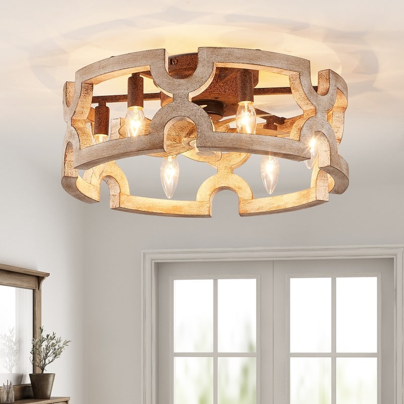 19 in. Solid Wood Bronze Flush Mount Low Profile Ceiling Fan with Light and Remote