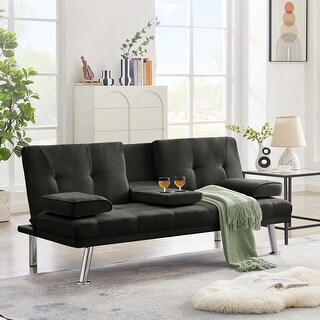 100% Fabric Linen Upholstered Convertible Folding Futon Sofa Bed with ...