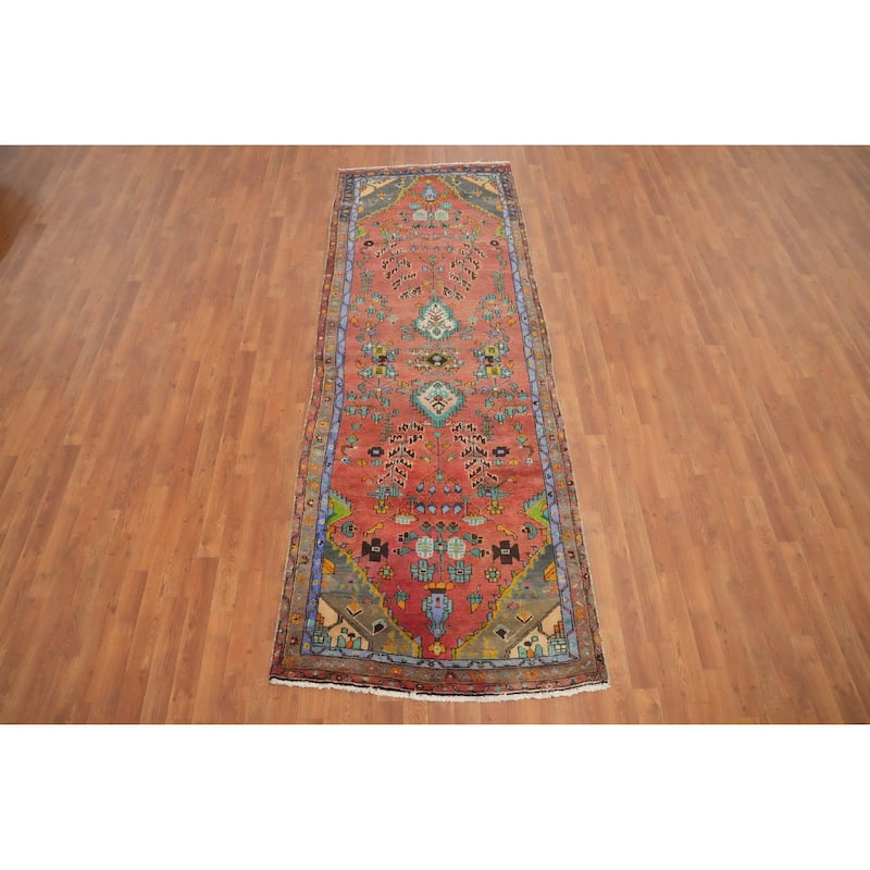 Hand Knotted Oriental 100% Wool Carpet Traditional Floral Coral Hamedan Runner Rug - 9' 10'' X 3' 6''