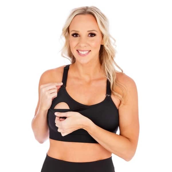 slide 2 of 7, Love and Fit Strappy Back 2.0 Nursing Sports Bra L - Black
