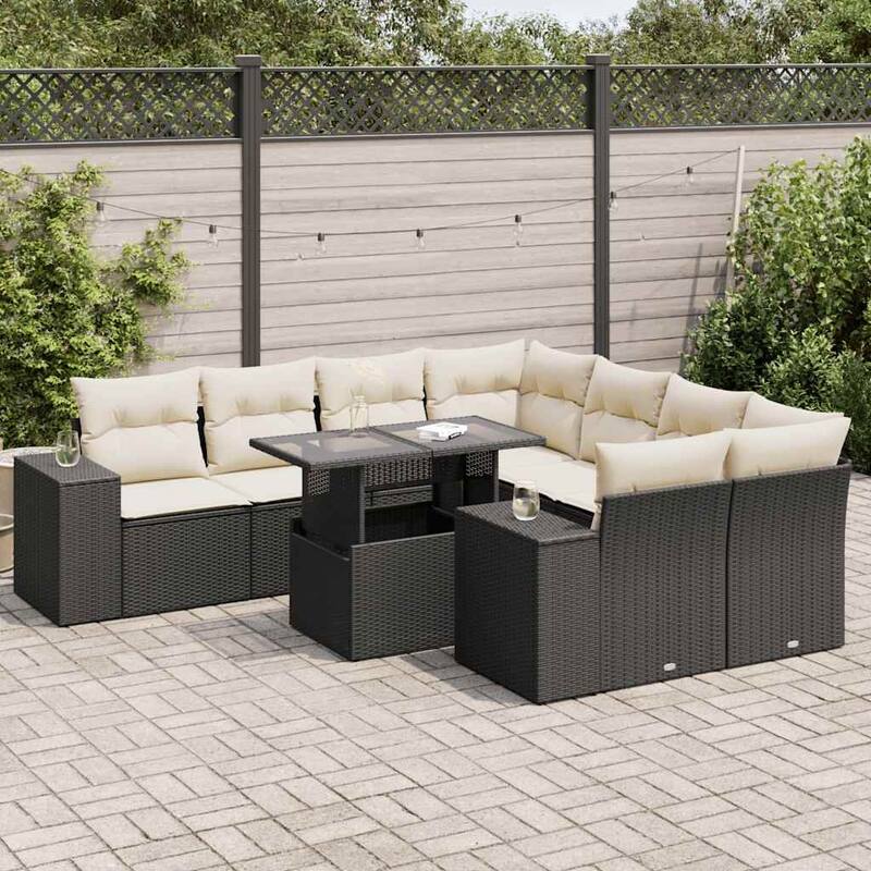 vidaXL Patio Sofa Set with Cushions Outdoor Furniture 9 Piece Poly Rattan - 24.4 x 24.4 x 27.2 - Black and Cream-with storage
