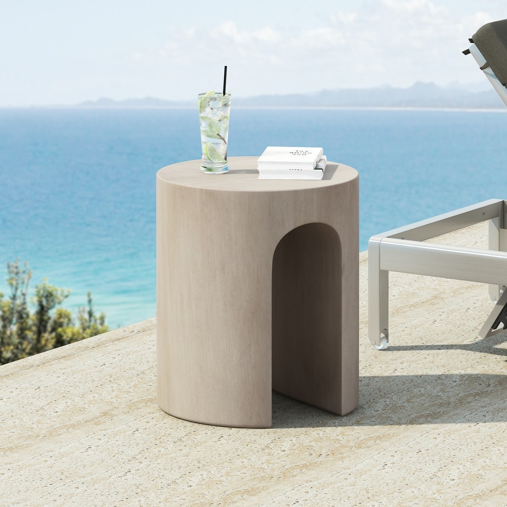Roomfitters Outdoor MGO Round Side Table with Unique U-Shape Base, Lightweight Concrete Accent Table for Patio, Light Grey
