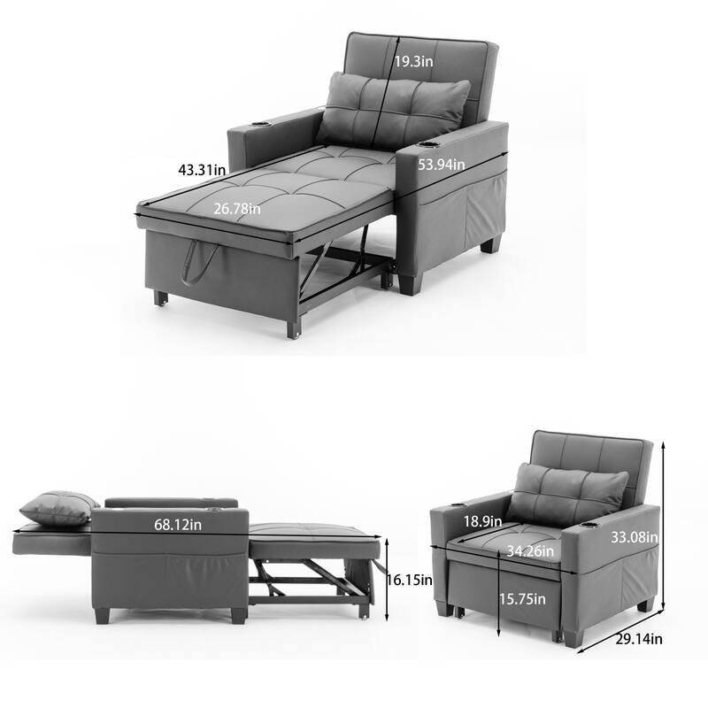 3-in-1 Pull out Convertible Futon Sleeper Armchair Beds with USB Ports